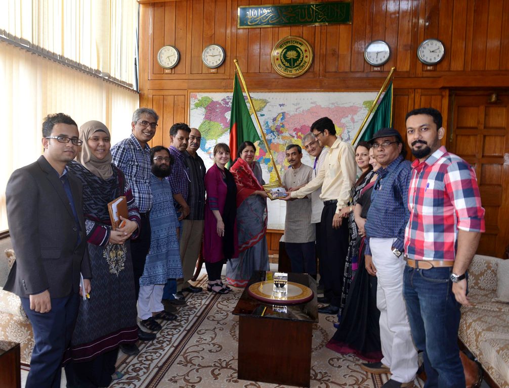 Members of the NCA delegation, led by Dr. Khondokar Ibrahim Khaled, hand over key documents on char development to the Honourable Speaker of the National Parliament, Dr. Shirin Sharmin Chaudhury.